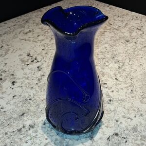 Vintage Elegant Blue Art Hand Blown Glass Vase Cobalt Blue Silver Dollar City